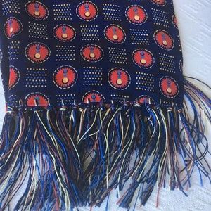 VINTAGE navy red gold fringed scarf shawl 12 x 50